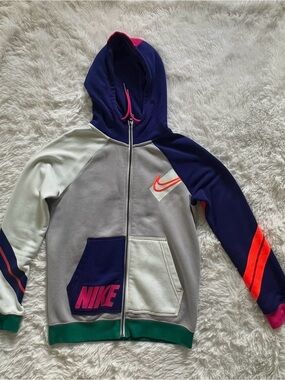 Nike Kids Colorblock Zip Hoodie in Gray, Navy & Pink Accents